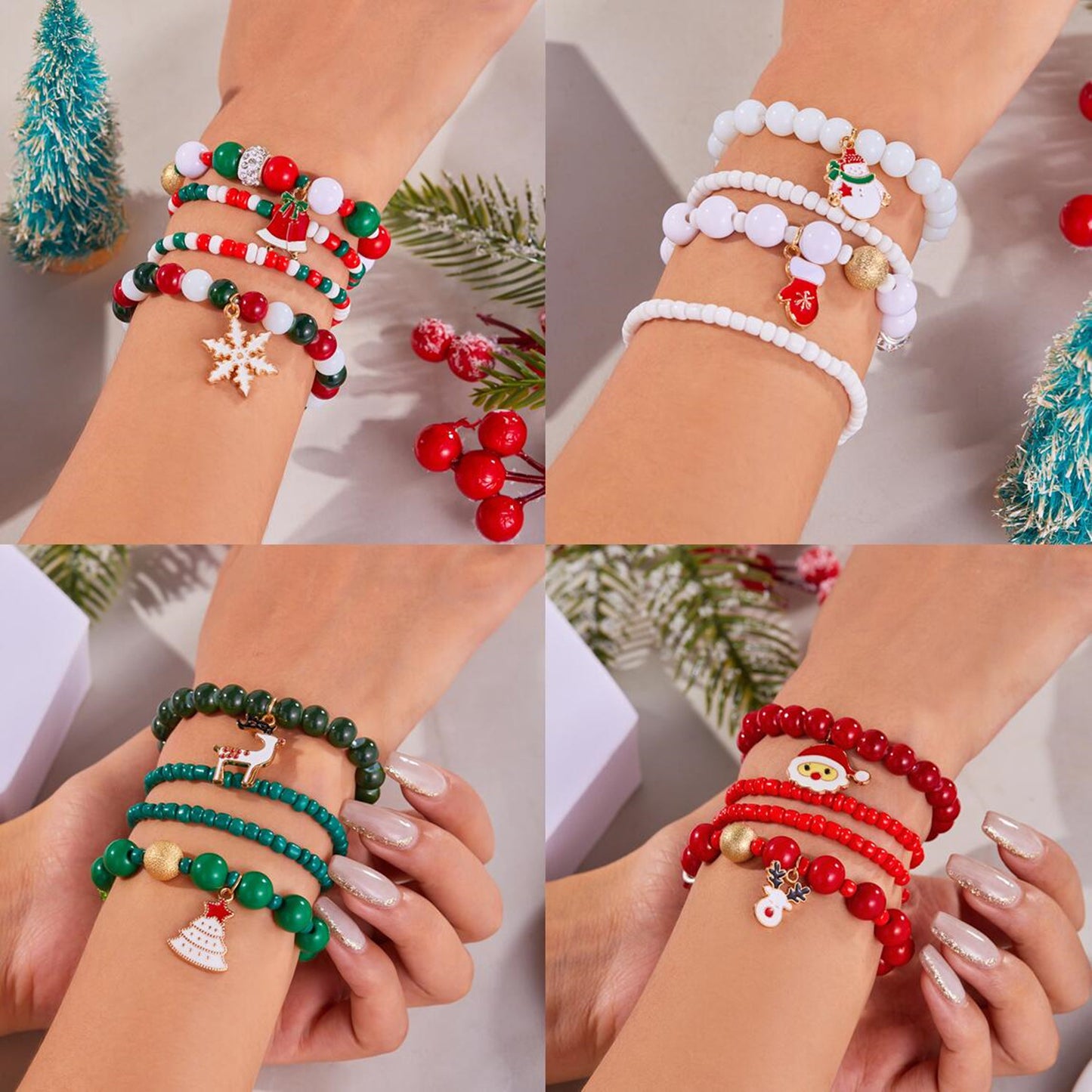 Set di braccialetti acrilici con perline a tema natalizio alla moda con ciondoli di Babbo Natale e pupazzo di neve da donna