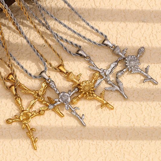 Collana Pendente Floreale Vintage Stile Francese in Acciaio Inossidabile con Placcatura in Oro 18K da Donna