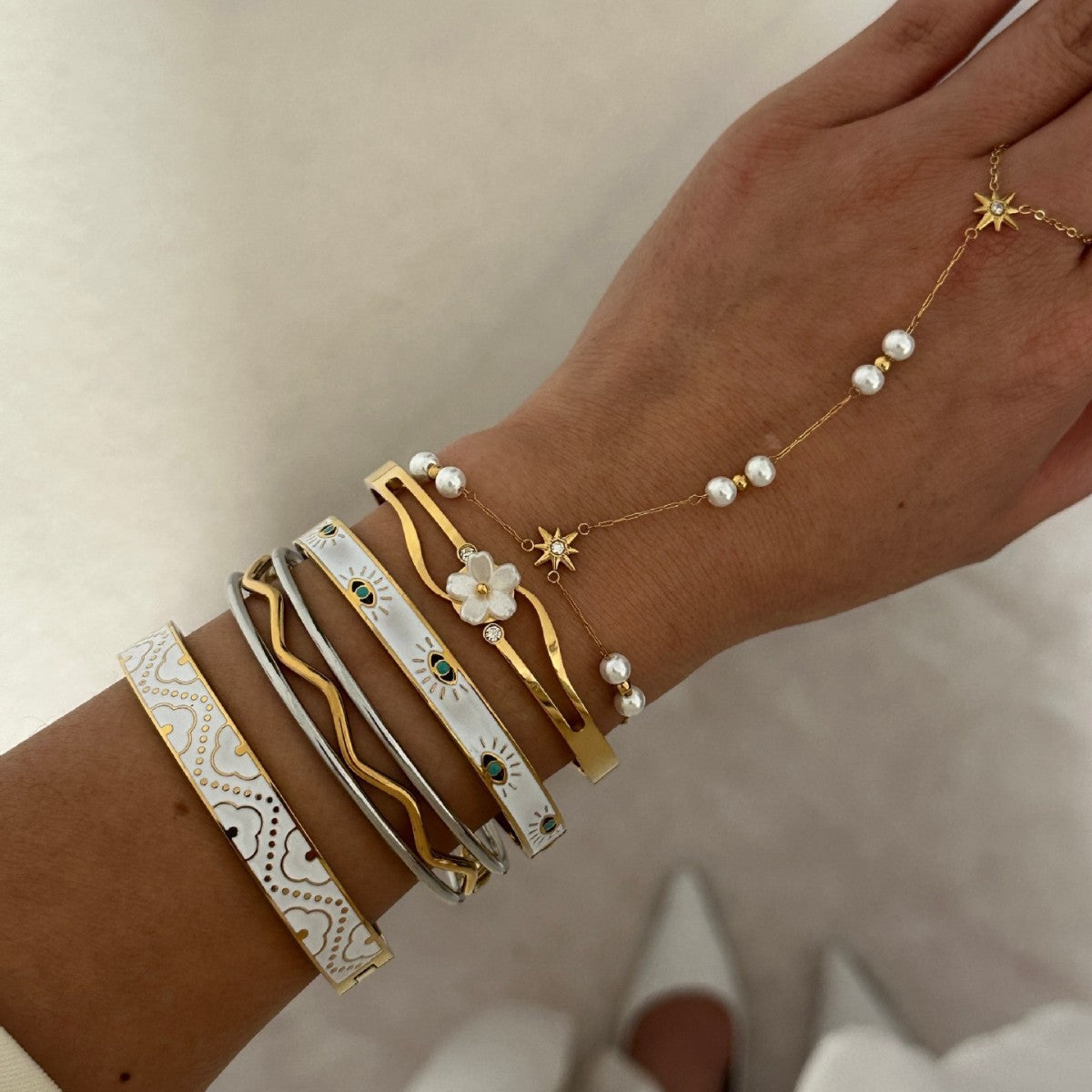Elegante Bracciale a Maglie con Perle e Stella in Acciaio Inossidabile Placcato da Donna
