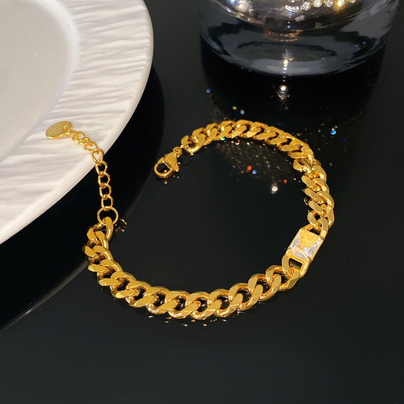Geometric PVD Gold Plated Stainless Steel Cuban Link Chain Bracelet with Cubic Zirconia