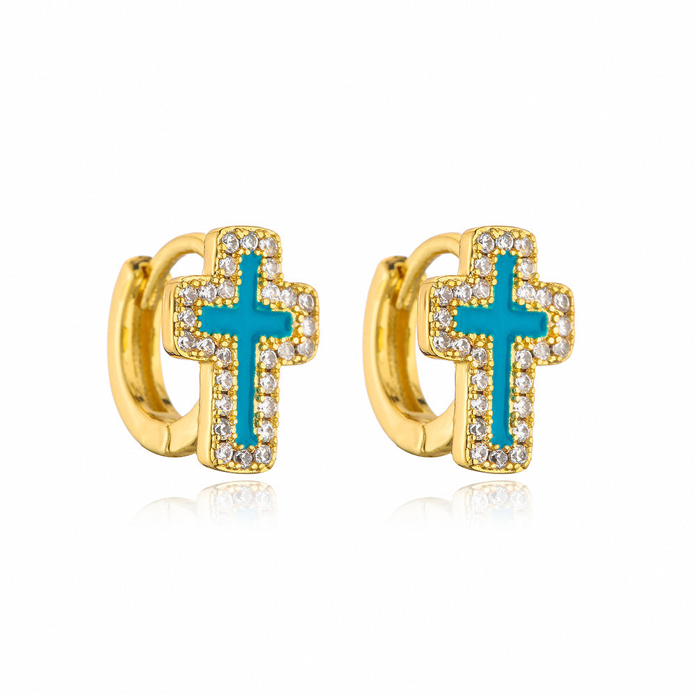 Orecchini geometrici minimalisti in rame placcati in oro 18 carati con smalto in zirconia micro-pavé