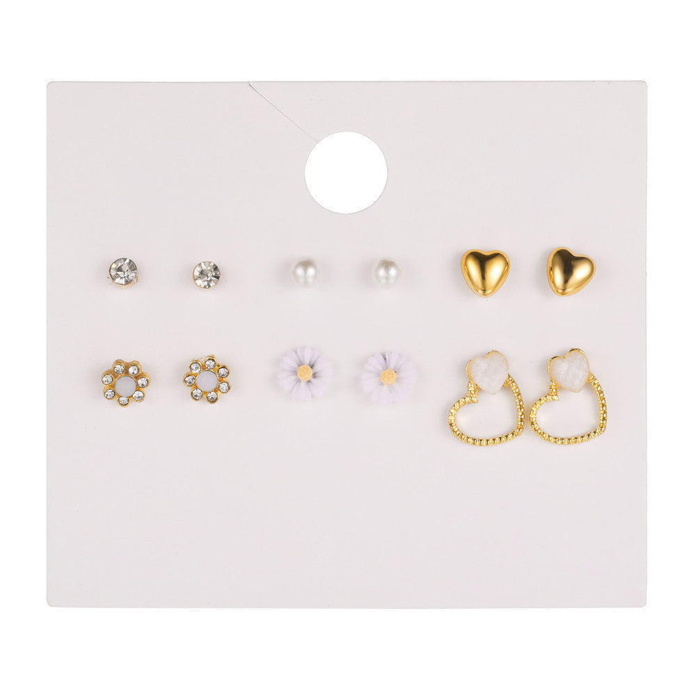Sweet Gold Plated Geometric Heart Floral Alloy Resin Pearl Stud Earrings Set with Rhinestone