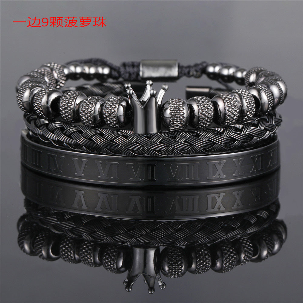 Vintage Crown Geometric Micro-inlay Stainless Steel Mesh Open Cuff Bracelet Set for Unisex