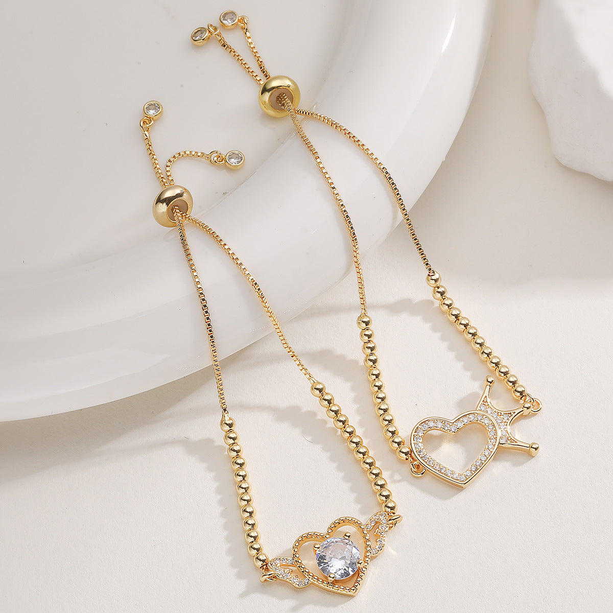 Sweet 18K Gold Plated Brass Heart Cubic Zirconia Inlay Bracelet for Women