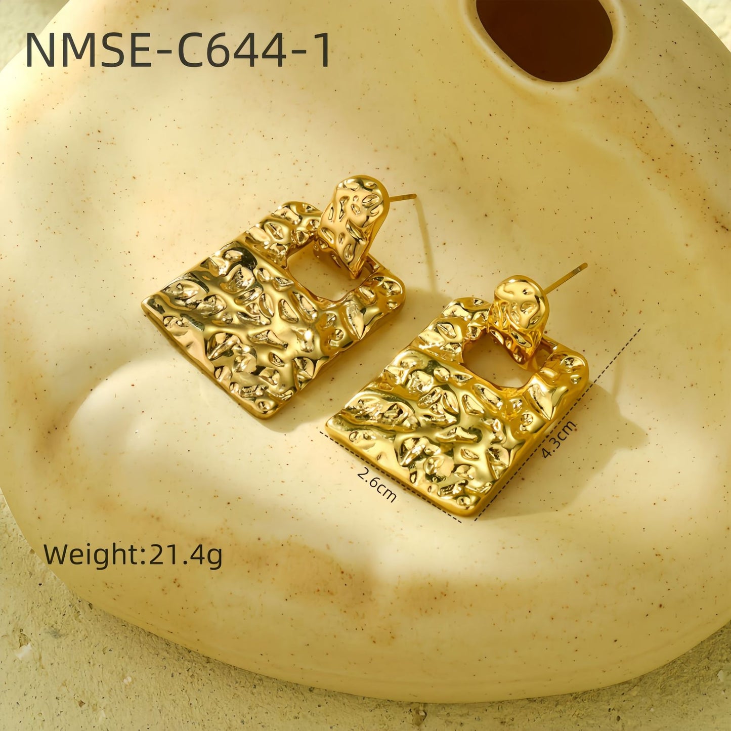 Vintage 18K Gold Plated Textured Square Stainless Steel Stud Earrings for Women