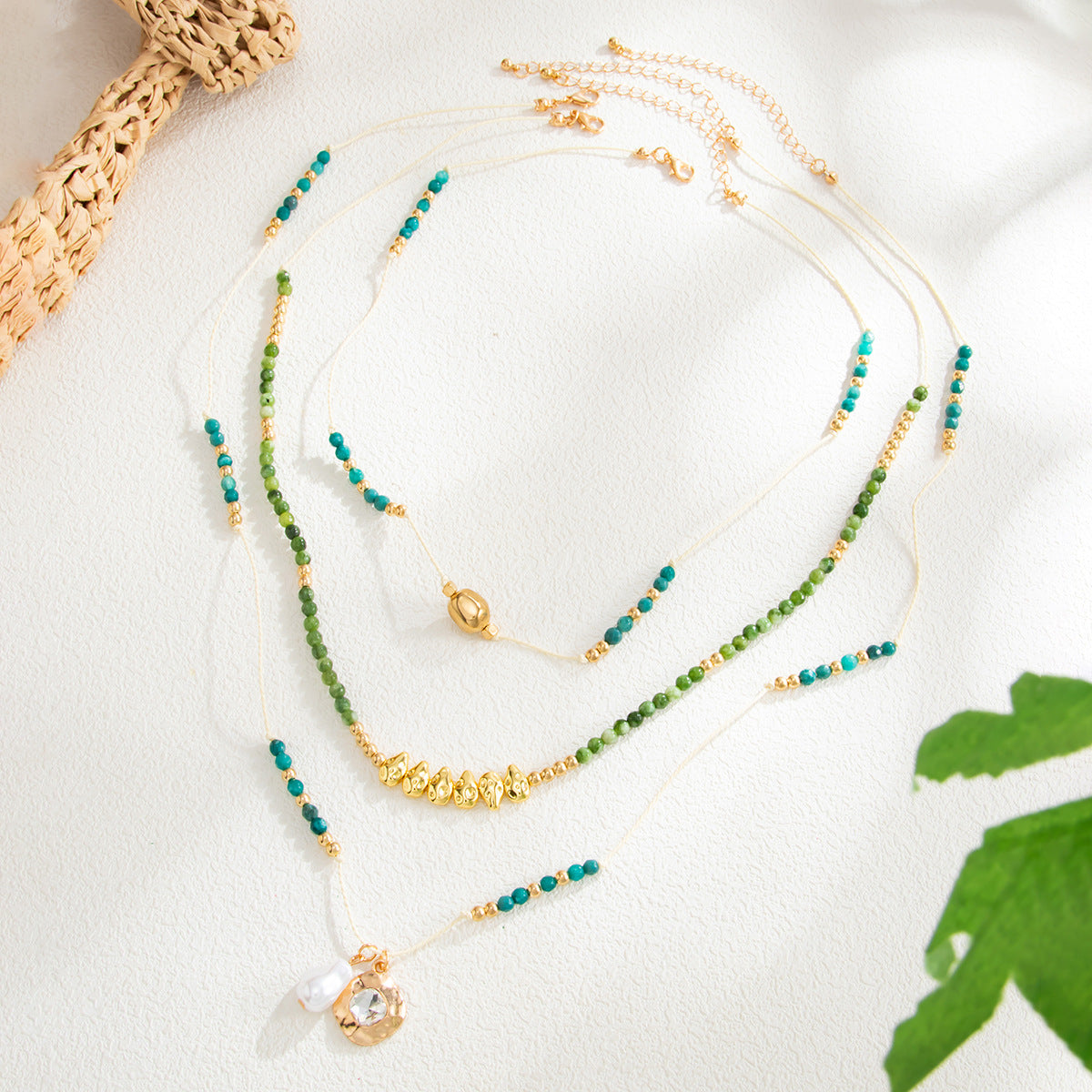 Sweet Bohemian Geometric Oval Glass Beaded Baroque Pearl Pendant Layered Necklace for Women