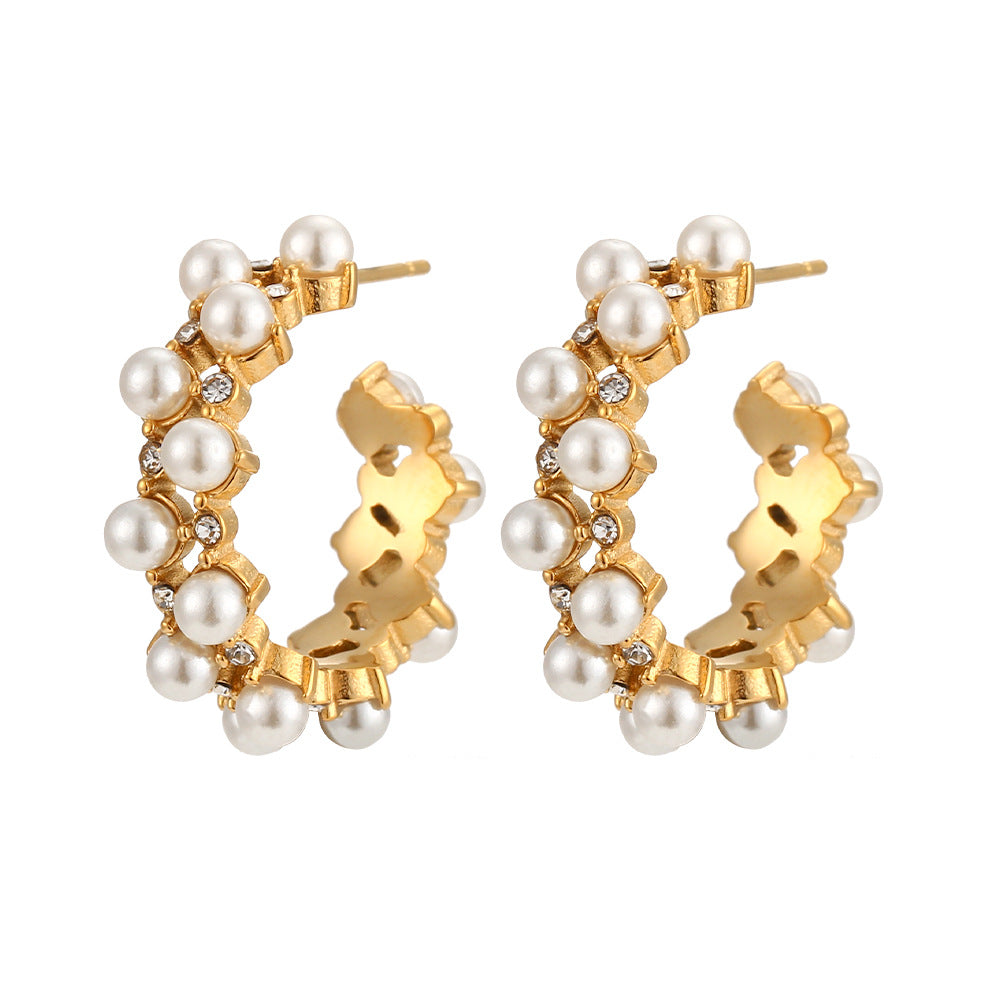 Orecchini alla moda, in acciaio inossidabile placcato oro 18 carati, design geometrico minimalista, cavi, con perle e zirconi incastonati