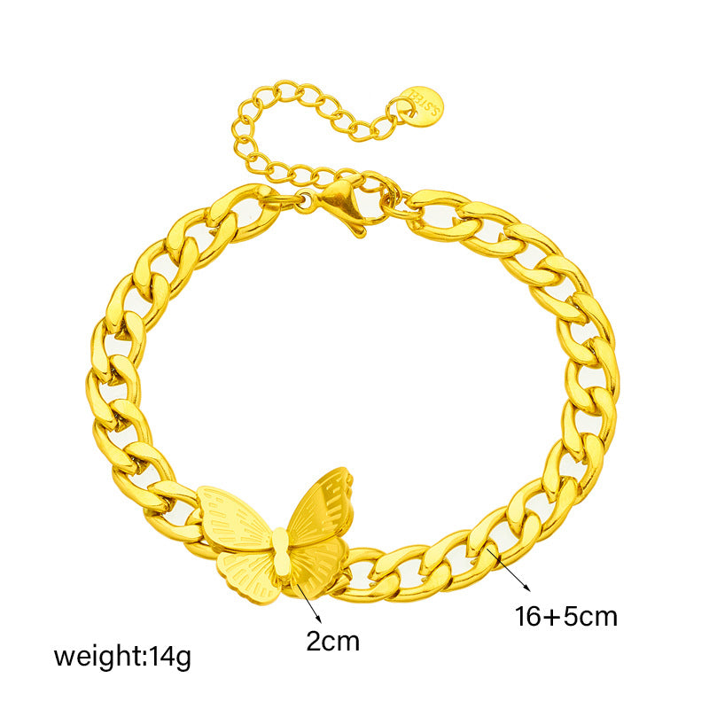Bracciale alla moda minimalista in acciaio al titanio con ciondoli a cuore e farfalla e intarsio di strass, per donne