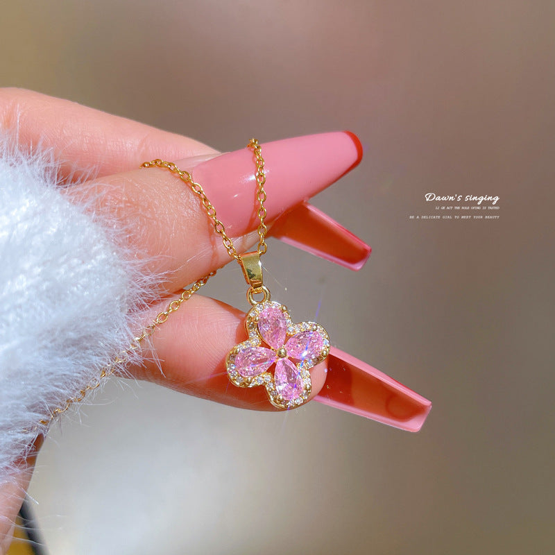 Elegant Floral-Shaped Titanium Steel Necklace with Micro-Pavé Rhinestones for Women, O-Chain Locket Style
