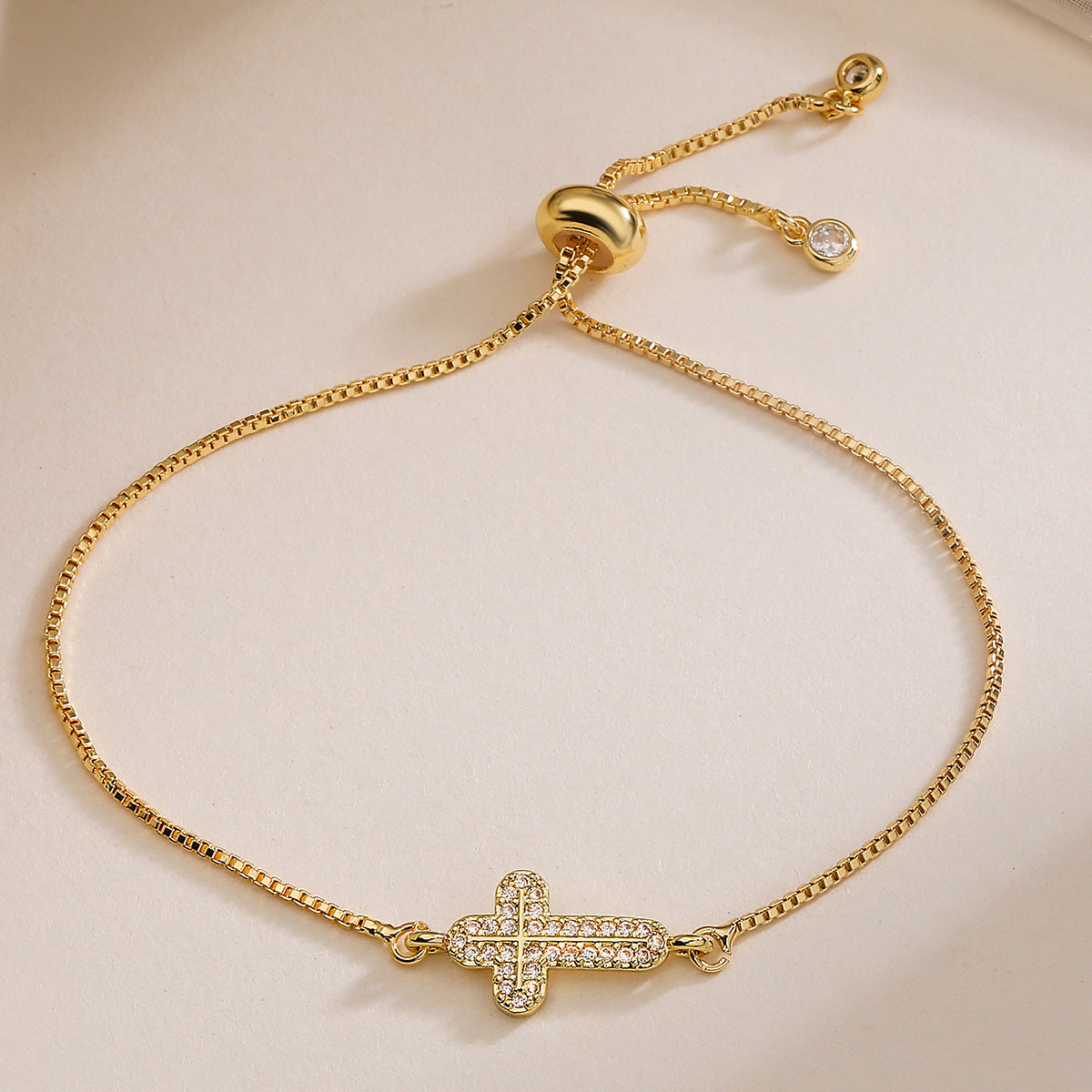 Vintage 18K Gold Plated Brass Cubic Zirconia Inlay Cross Bracelet for Women