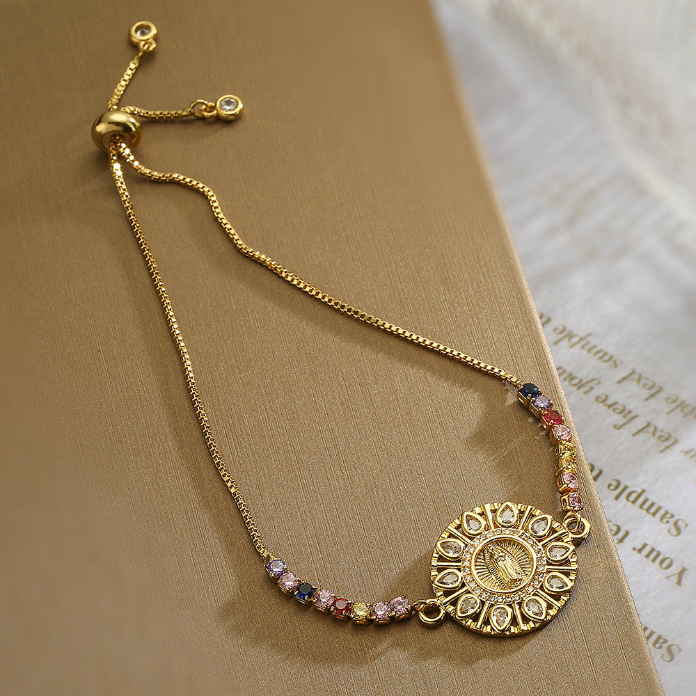 Bracciale geometrico vintage in rame da donna con zirconi micro-incastonati e ciondolo della Vergine Maria