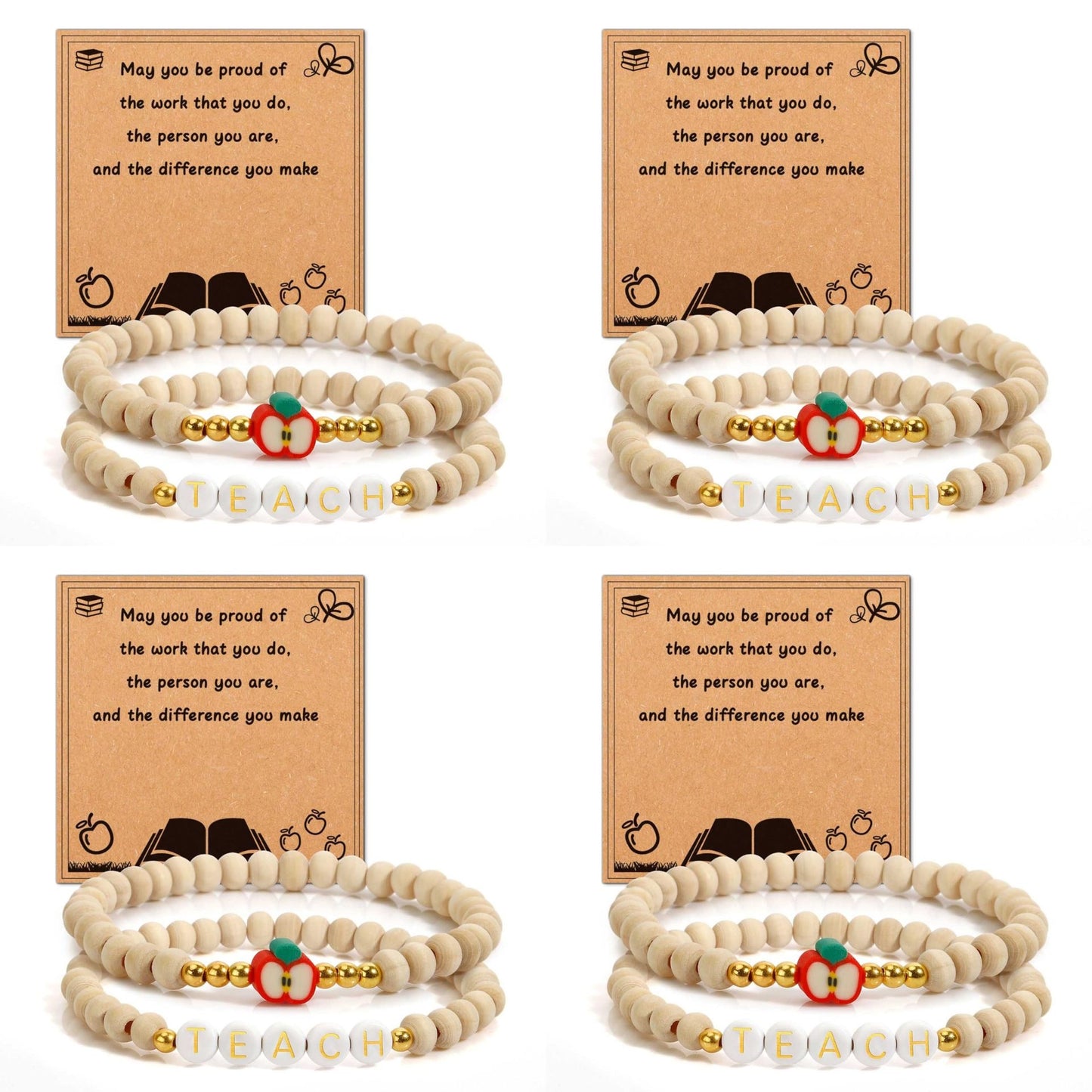 Handmade Wood Bead Apple Charm Bracelet for Women