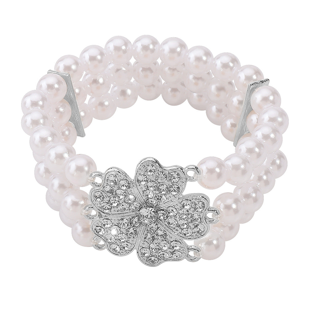 Elegante conjunto de collar con dije floral, perlas de imitación blancas y diamantes de imitación de cristal sobre aleación chapada en oro para mujer