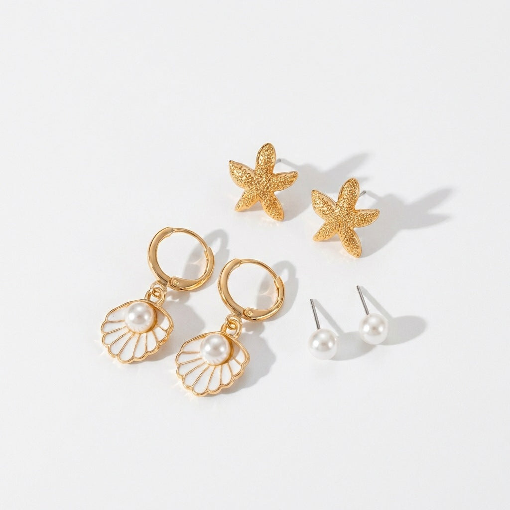 Elegant Alloy Starfish and Pearl Stud Earrings with Shell Elements