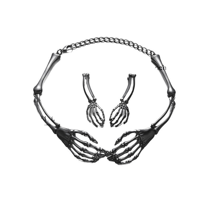 Personality Dark Geometric Alloy Skull Hand Claw Necklace and Earring Set with Snake Chain