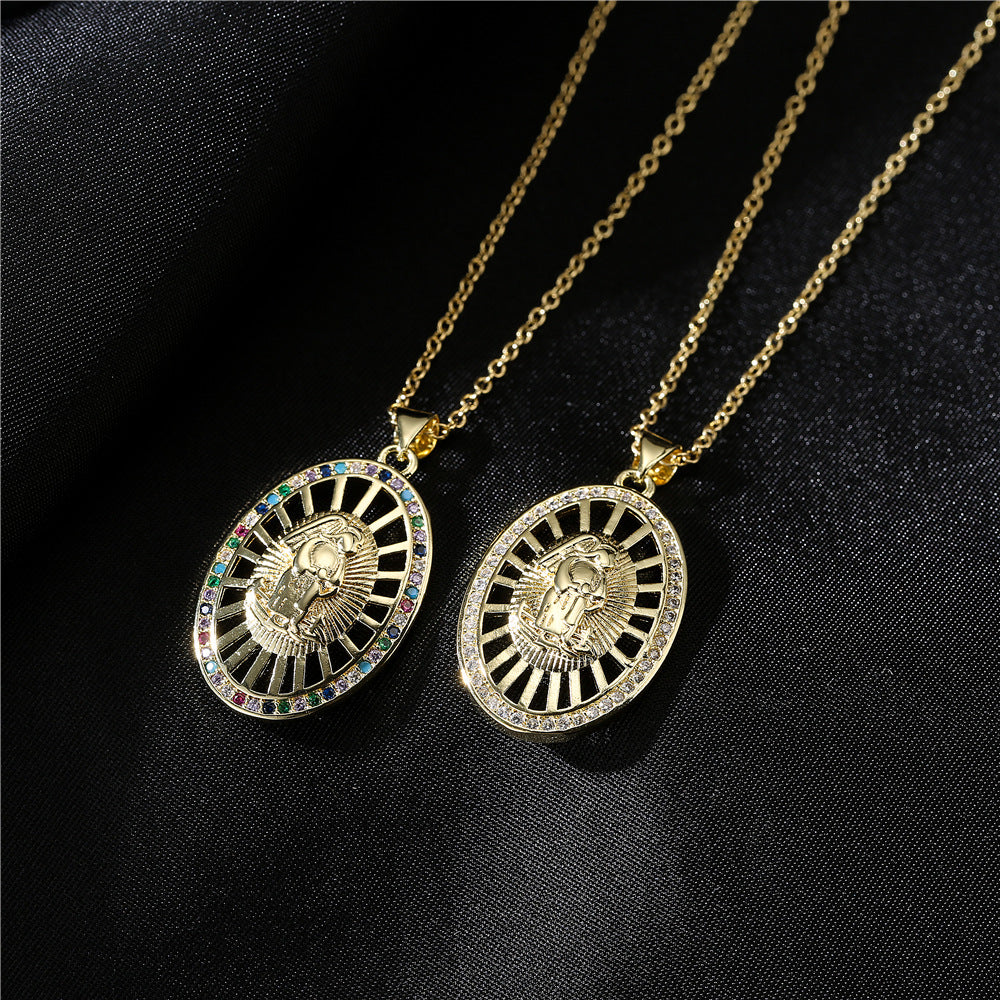 18K Gold Plated Geometric Brass Necklace with Micro-Inlaid Cubic Zirconia Pendant on Cable Chain