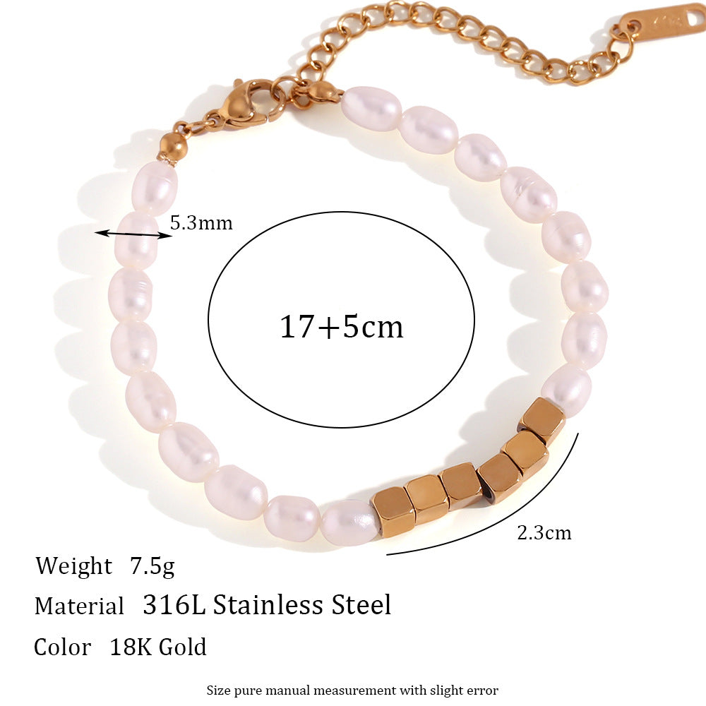 Set Bracciale e Collana in Acciaio Inossidabile Geometrico alla Moda da Donna con Accenti di Perle d'Acqua Dolce e Finitura Elettroplaccata