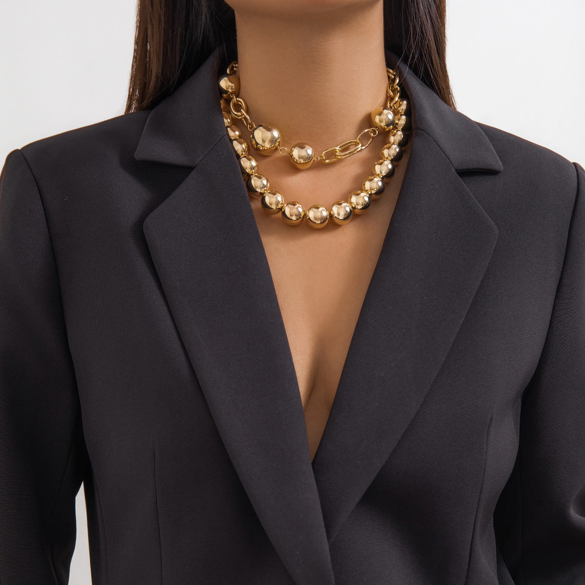Collar de doble capa estilo perla geométrica minimalista con acabado chapado para mujer