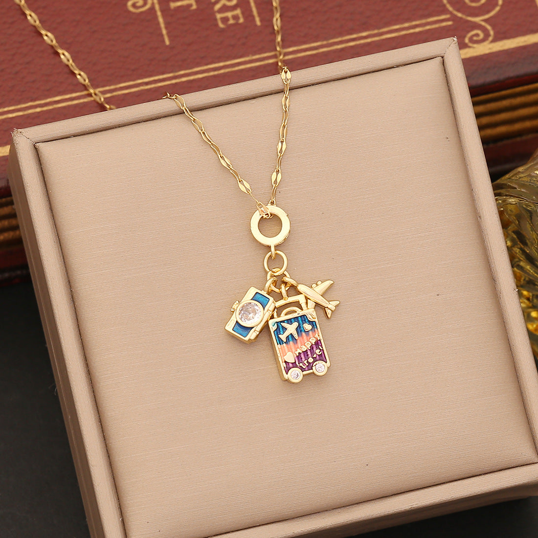 Fashionable Heart-Shaped Enamel Airplane Earth Camera Pendant Necklace in Copper for Women