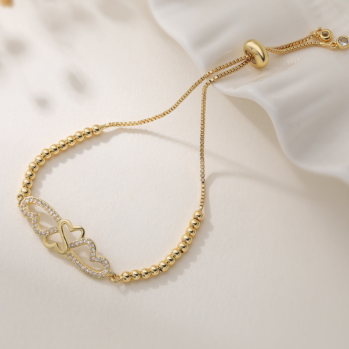Elegant Minimalist Gold Plated Brass Floral Heart Geometric Bracelet with Cubic Zirconia Inlay for Women