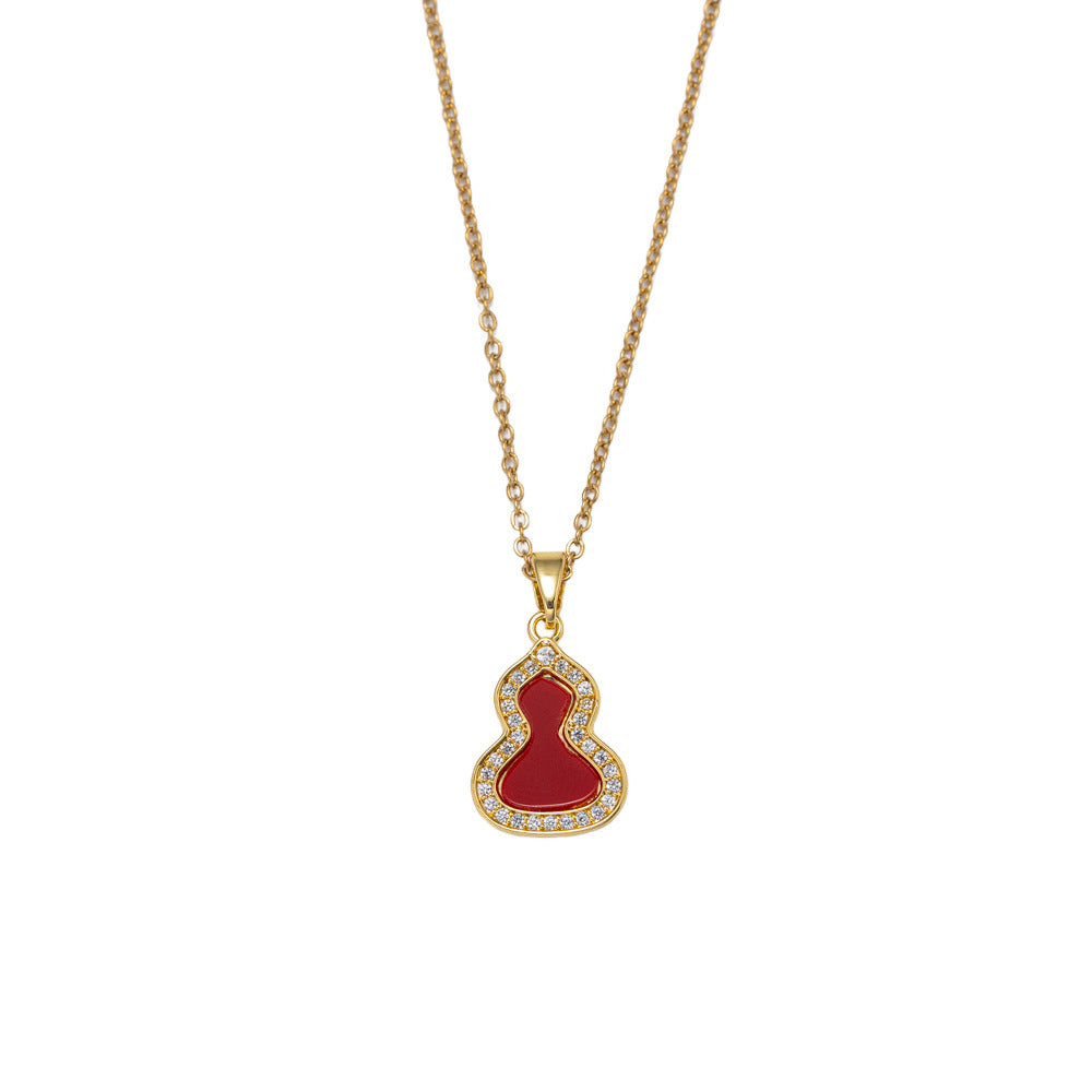 Collana da donna vintage in stile cinese, lusso leggero, con ciondolo a zucca placcato oro 18 carati, in acciaio al titanio e catena a O in rame