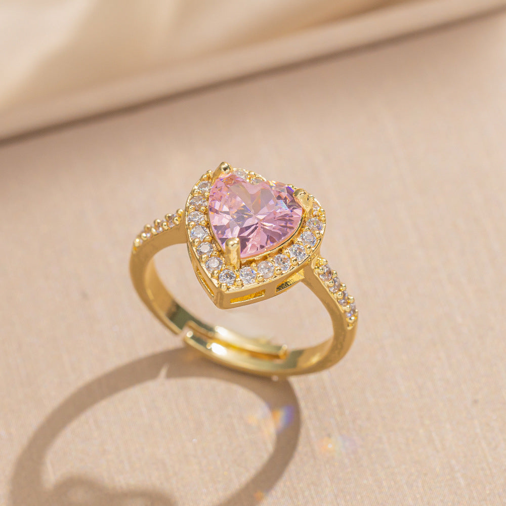Luxury Minimalist Adjustable Open Ring for Women with Gold-Plated Copper Band and Zircon Stone Accent in Heart and Floral Shape
