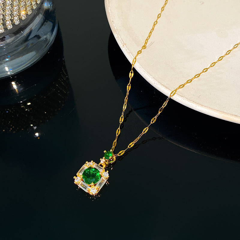Luxury Minimalist Geometric Round Gemstone Inlay Titanium Steel Necklace with Brass Pendant