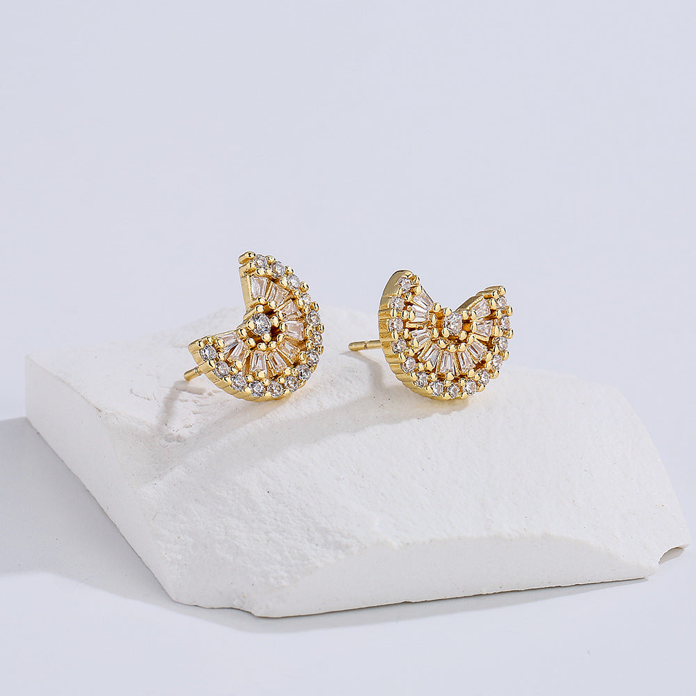 Minimalist Irregular Geometric Copper Stud Earrings with 18K Gold Plating and Zircon Accents for Women