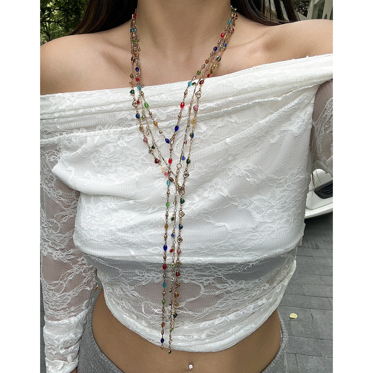 Minimalist Geometric Drip Oil Brass Tassel Y-Shape Multi-Layer Necklace for Women