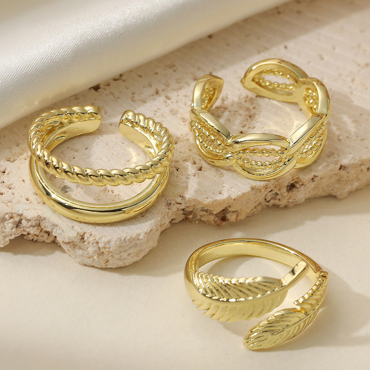 Minimalist Geometric Gold Plated Brass Leaf Open Ring for Women