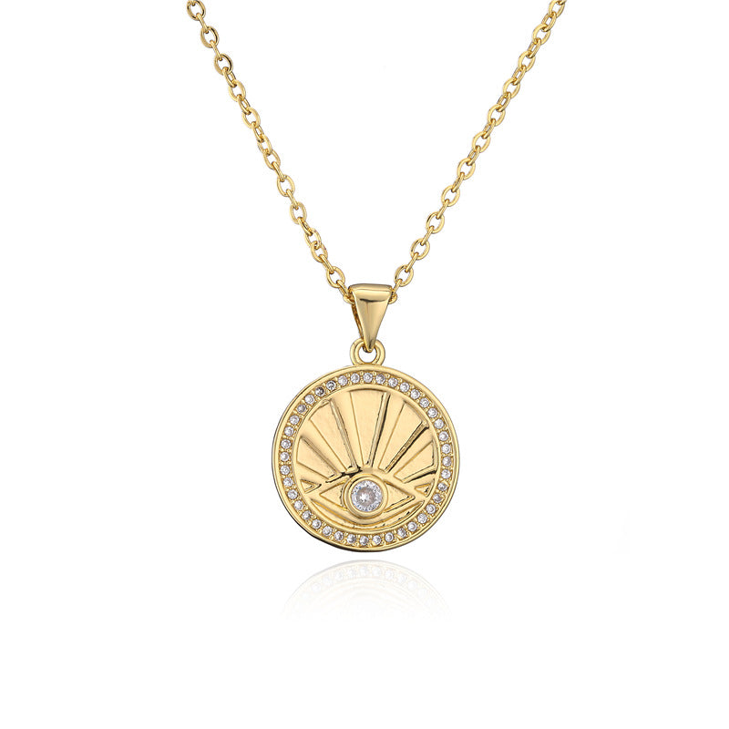 Minimalist Round Geometric Eye Pendant Gold Plated Brass Necklace for Women with Cable Chain