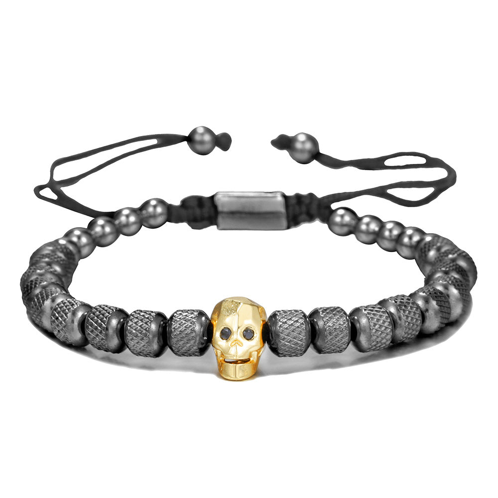 Vintage Gold Plated Titanium Steel Round Geometric Bracelet with Cubic Zirconia Skull Beads