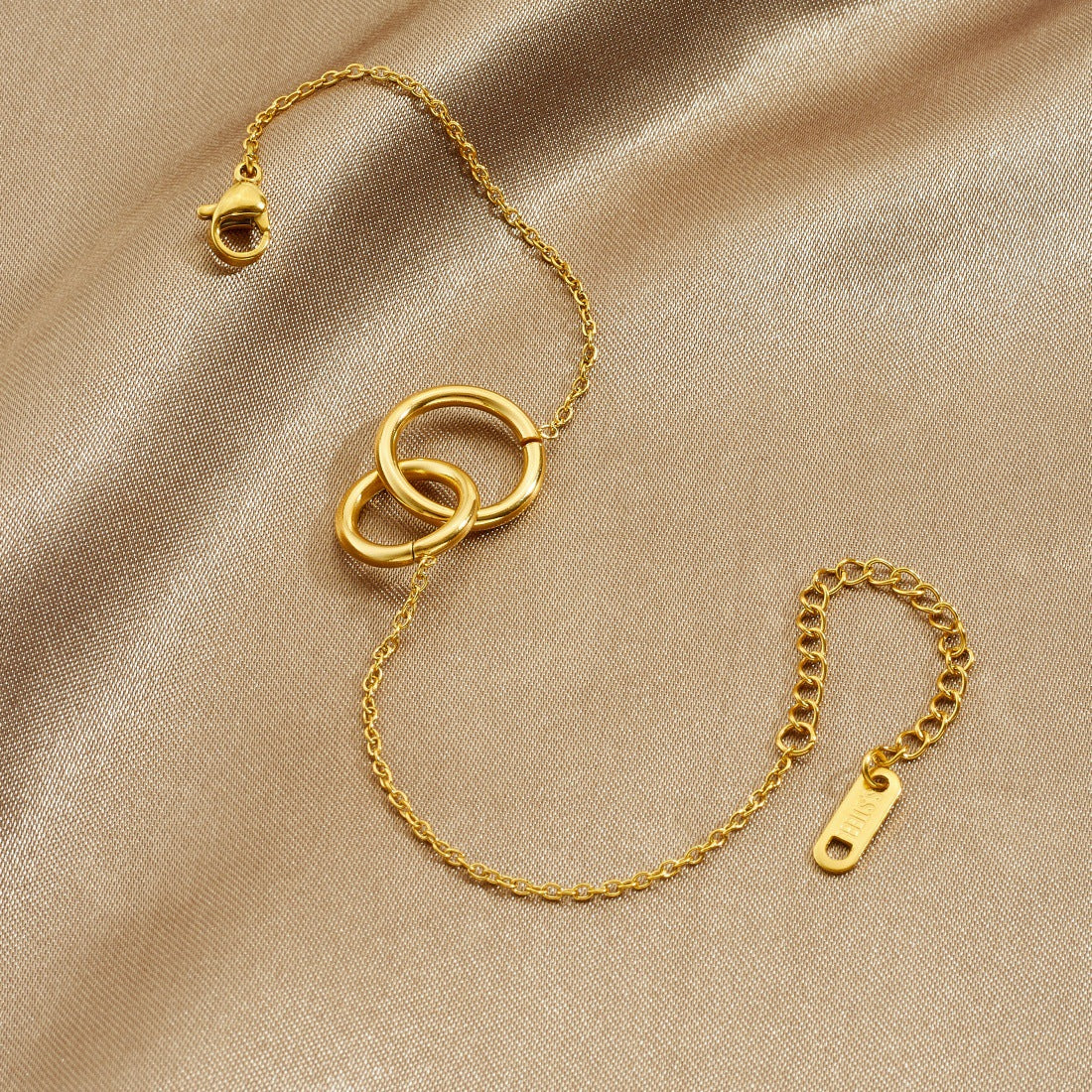 Minimalist Gold Plated Geometric Round Double Ring Pendant Stainless Steel Bracelet for Women