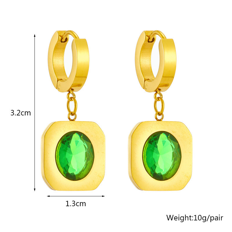 Orecchini in Acciaio al Titanio con Cristallo Verde Sfaccettato a Geometria in Stile Vintage e Finitura Galvanica