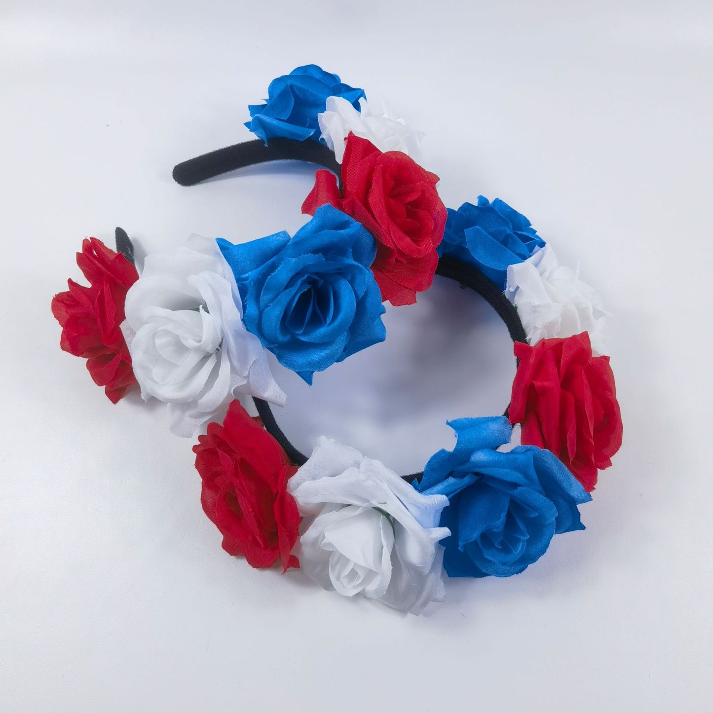 Cerchietto per capelli in tessuto con rose floreali simulato, rosso, bianco, blu, patriottico, per feste
