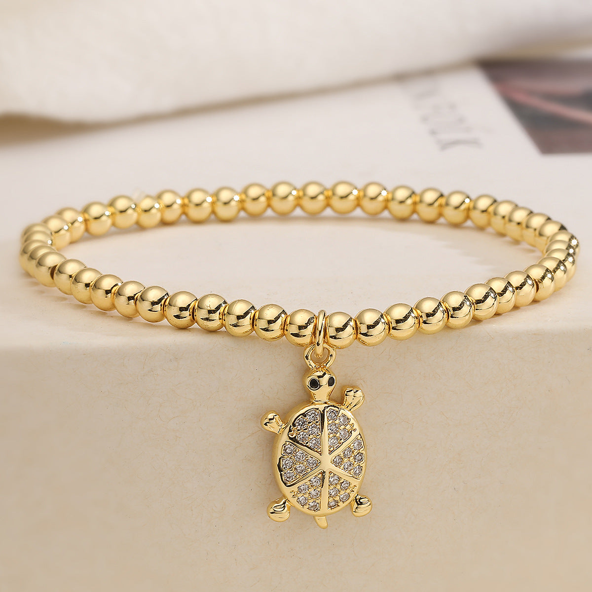 Fashion Cute 18K Gold Plated Cubic Zirconia Turtle Animal Brass Ball Chain Bracelet for Women