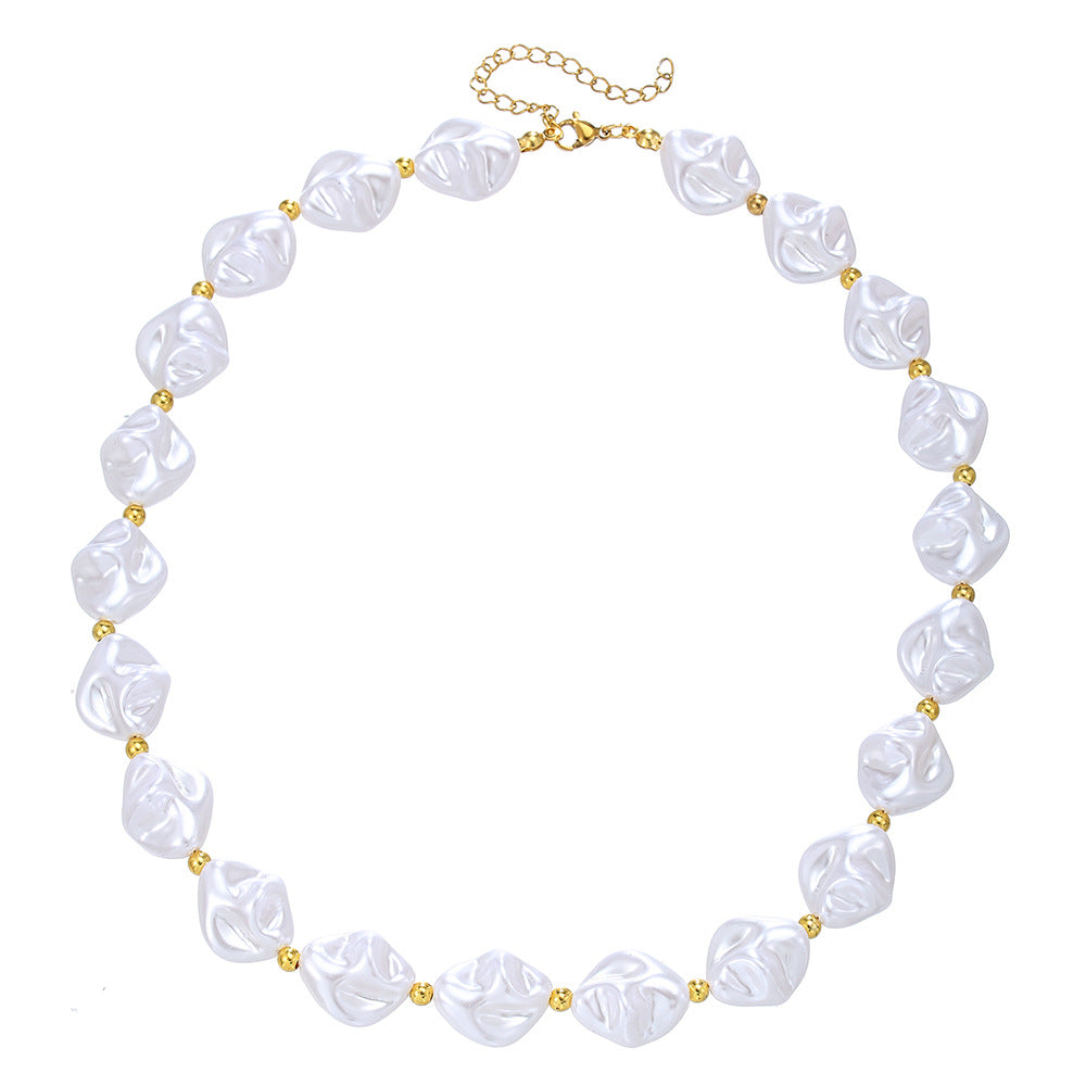 Irregular Baroque Style Imitation Pearl Necklace with Geometric Shape Alloy Chain for Women