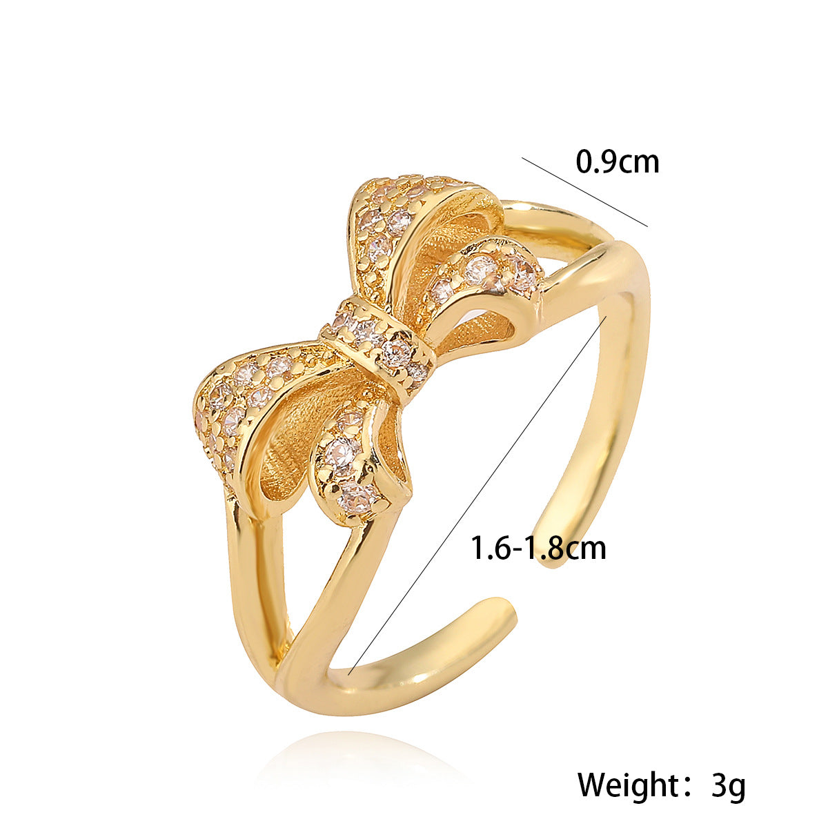 Sweet Style Geometric Bowknot Ring for Women Made of Brass with Real Gold Plating and Micro-Paved Zirconia