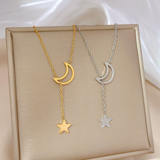 Minimalist Geometric Star and Moon Pendant Necklace in Titanium Steel with Rhinestone Inlay for Women