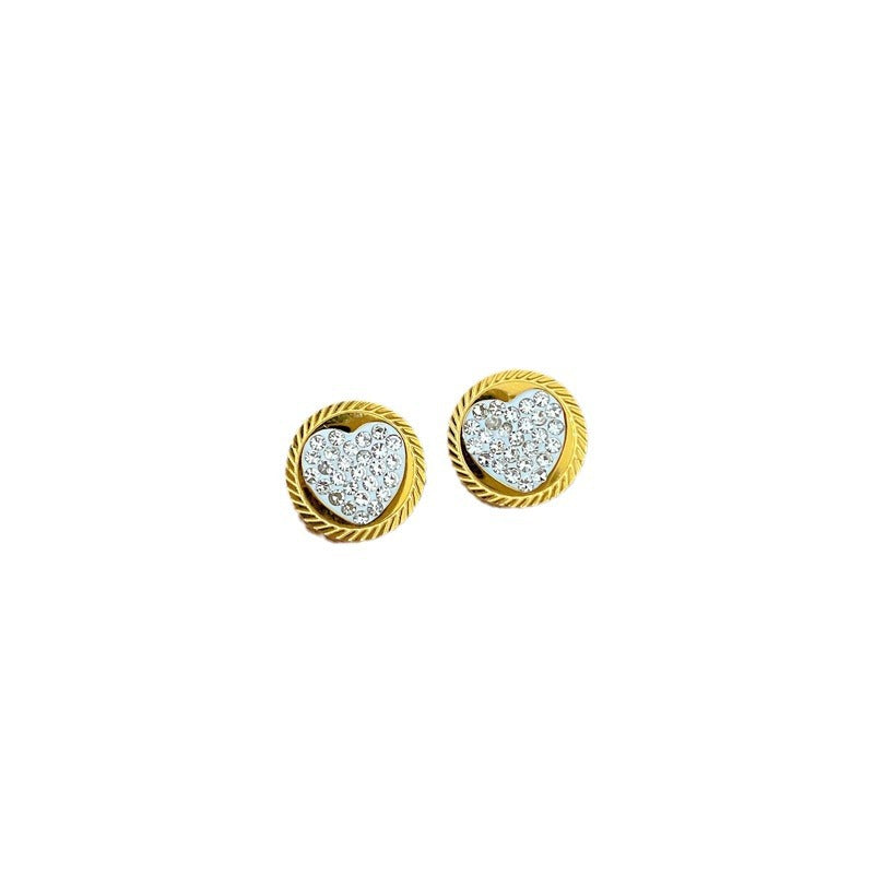 Minimalist Geometric Heart Pendant Necklace Set in Titanium Steel with Rhinestone Inlay and Gold Plating for Women