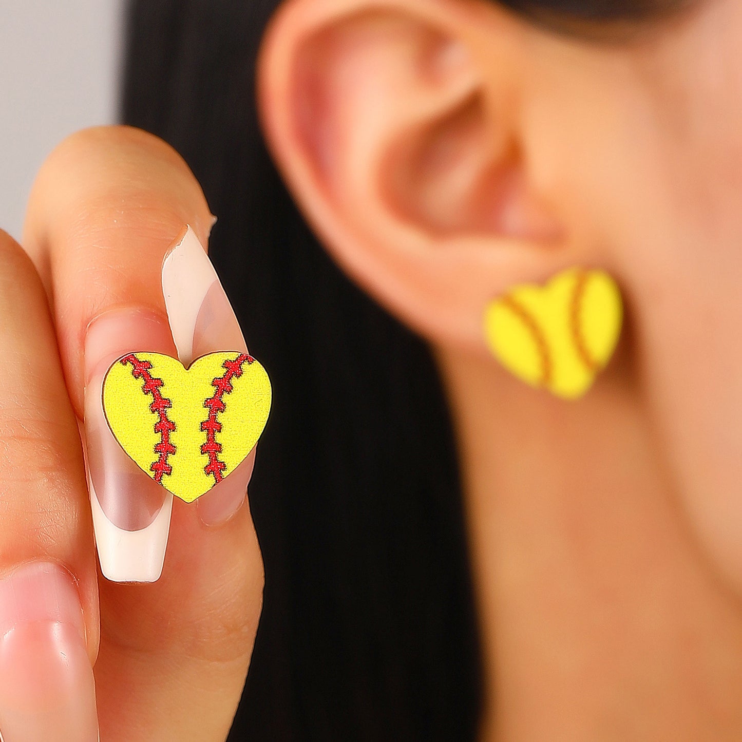 Vintage Acrylic Heart Stud Earrings with Sports Ball Print for Women