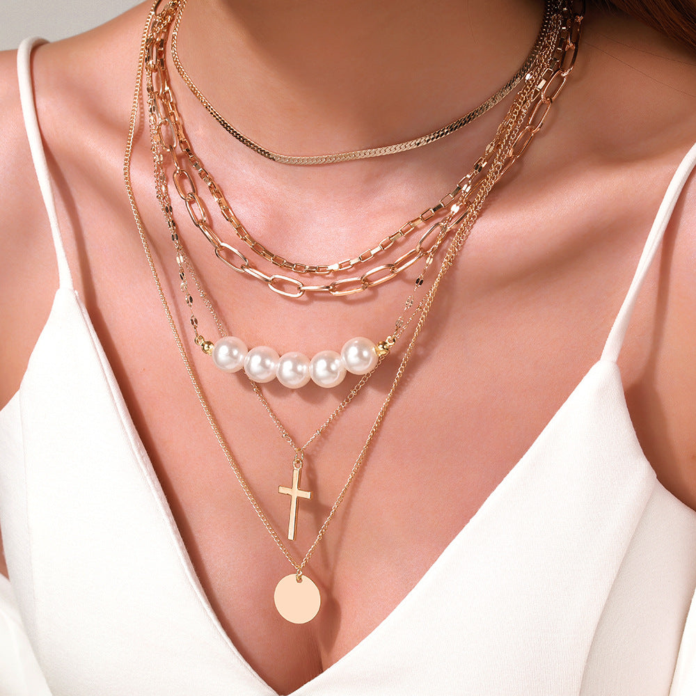 Fashion Geometric Round Cross Alloy Plated Pendant Necklace Set with Irregular Chain and Pearls for Unisex