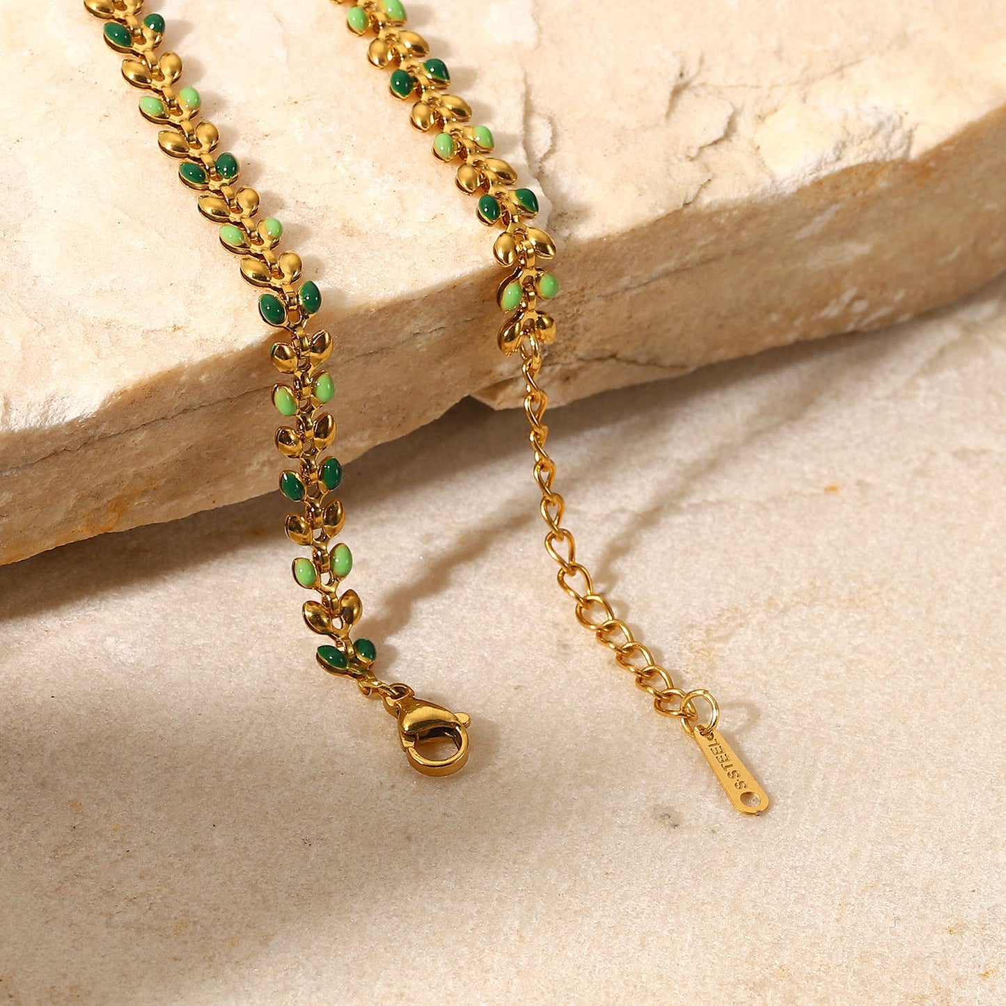 Fashionable 18K Gold Plated Green Enamel Olive Leaf Geometric Stainless Steel Bracelet for Women