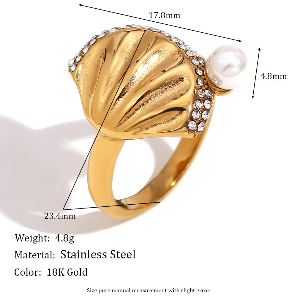Elegant Vintage-Inspired Geometric Stainless Steel Ring with 18K Gold Plating, Pearl-Edged Scallop Design and Rhinestone Inlay for Women