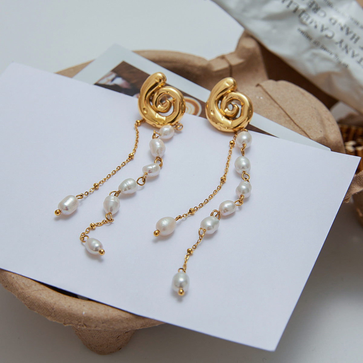 Elegant Geometric Stainless Steel Plated Pearl Tassel Earrings for Women