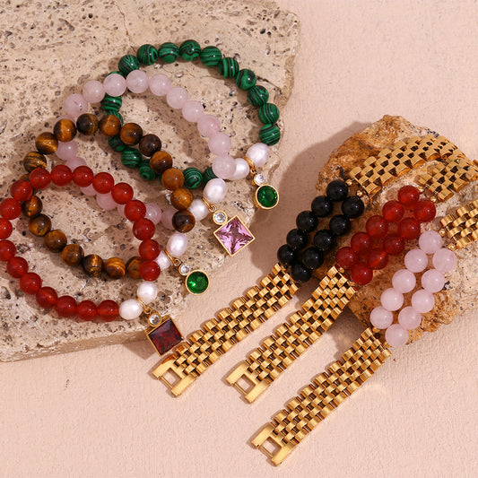 Fashionable Geometric Stainless Steel Plated 18K Gold Bracelet with Natural Stone Beads and Zircon Accents for Women