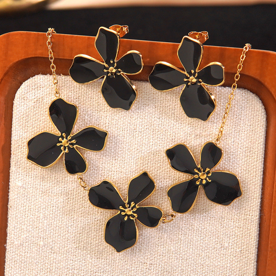 Elegant Stainless Steel Drip Oil Floral Necklace and Earring Set for Women