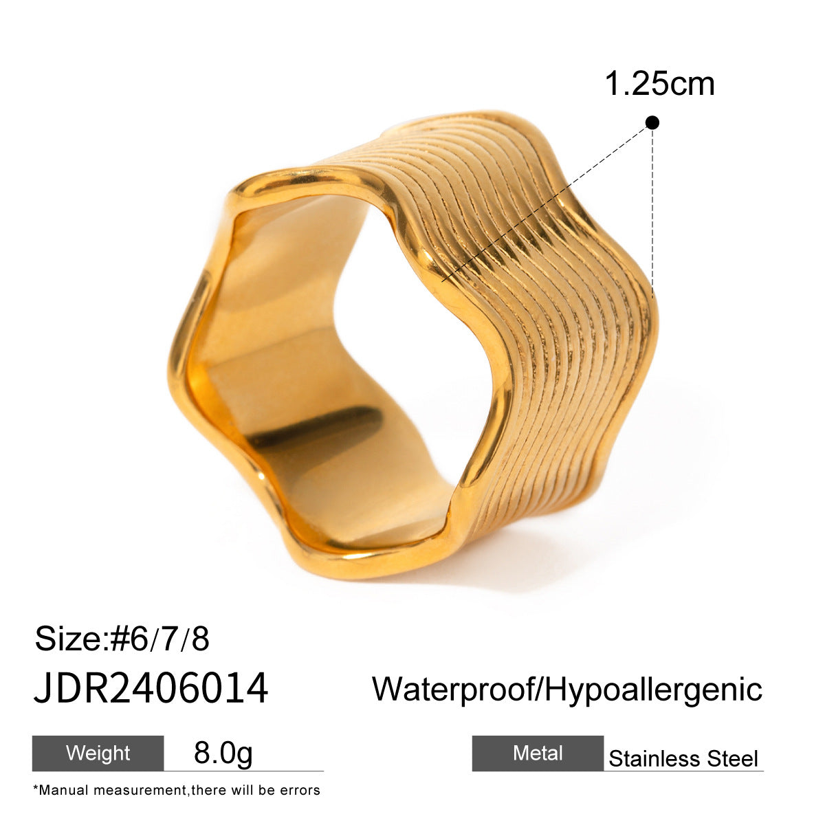 Sweet Geometric Plated Stainless Steel Wide Wave Ring for Women