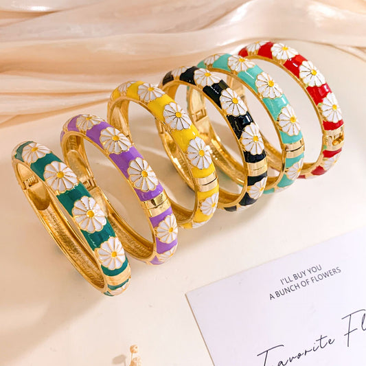 Brazalete esmaltado de aleación con diseño floral de diamantes de imitación, estilo vintage minimalista