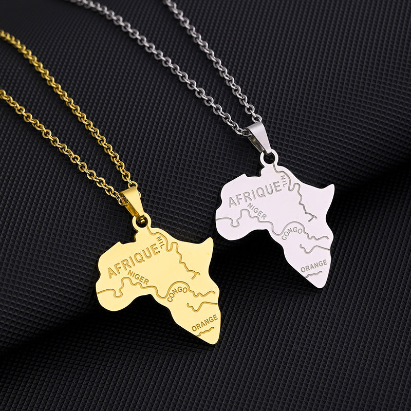 Collana con pendente mappa africana geometrica etnica in acciaio al titanio con finitura placcata, unisex